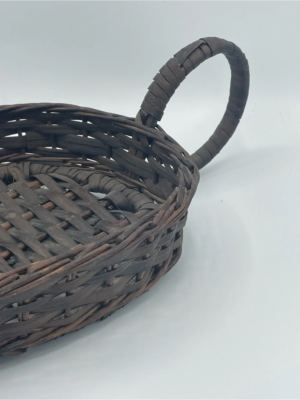 Vintage Handwoven Brown Oval Serving Tray Basket with Side Handle Signed Madeira